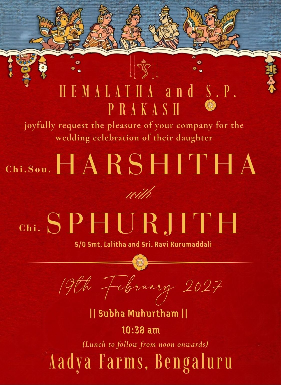 Wedding invitation for Harshitha and Sphurjith, 19 February 2027, Aadya Farms, Bengaluru